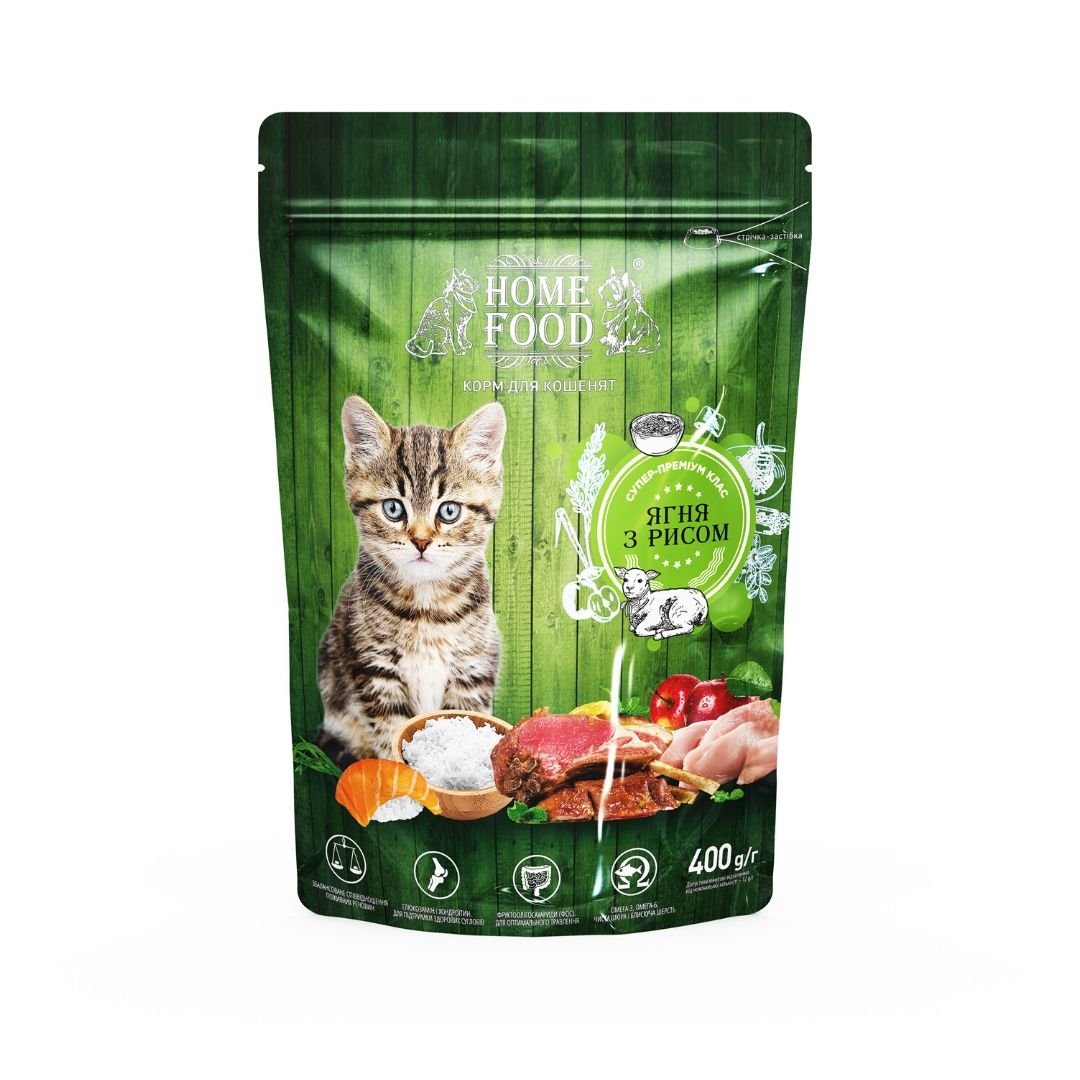 Home Food Полнорационный сухой корм для котят с ягненок и рисом 400 г