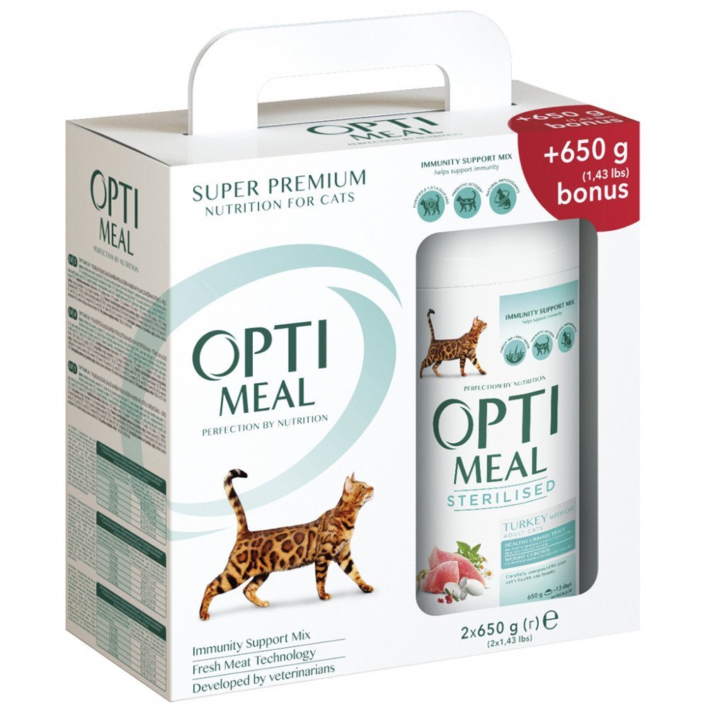 Набор сухого корма Optimeal для стерилизованных кошек и кастрированных кошек, с индейкой и овсом, 650+650 г