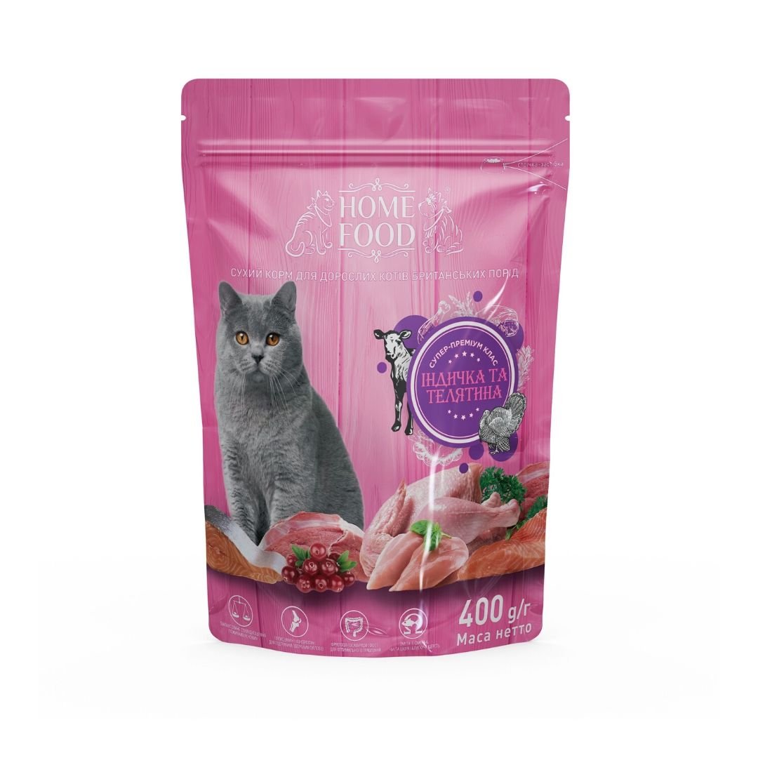 Home Food Полнорационный сухой корм для взрослых кошек Британских пород с индейкой и телятиной 400 г