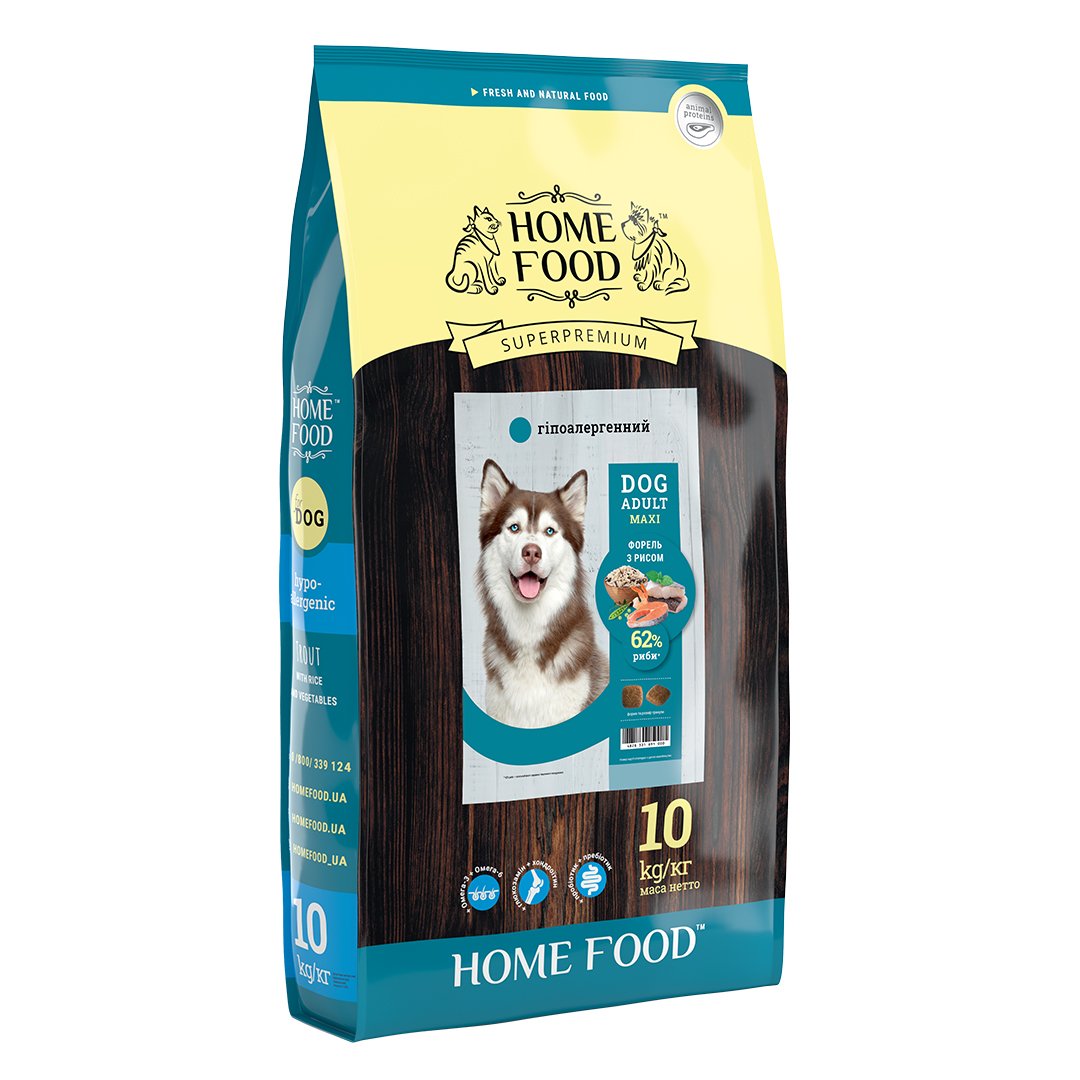 Home Food Повнораціонний гіпоалергенний сухий корм для дорослих собак великих порід «Форель з Рисом та Овочами» 10 кг