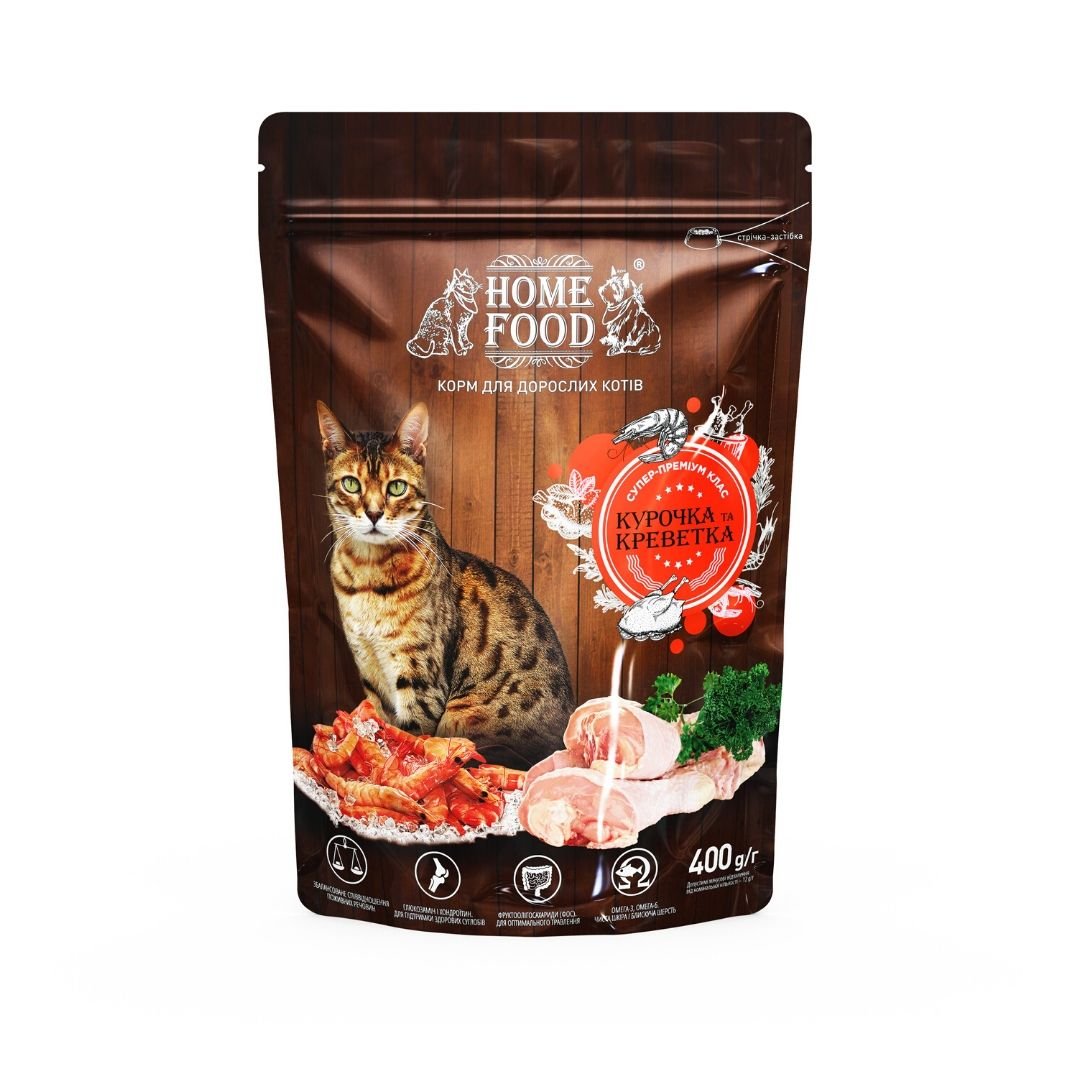 Home Food Полнорационный сухой корм для взрослых активных кошек с курочкой и креветкой 400 г