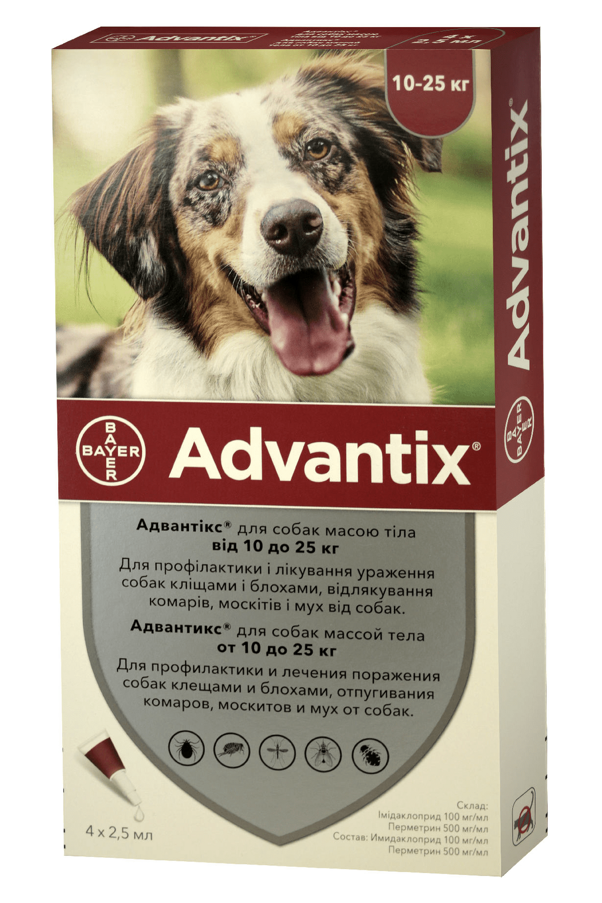 Bayer ADVANTIX (Адвантикс) капли на холку от блох и клещей для собак 10-25 кг, пипетка