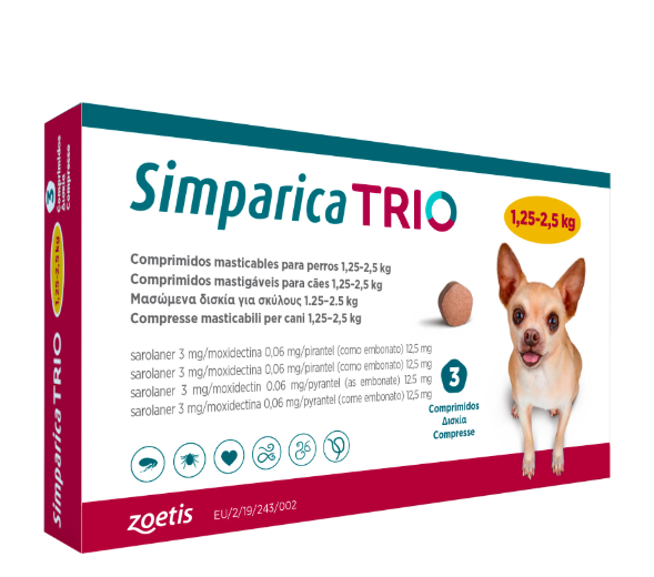 Simparica TRIO (Сімпаріка ТРІО) таблетки від бліх, кліщів та гельмінтів для собак від 1,25 до 2,5 кг, таблетка