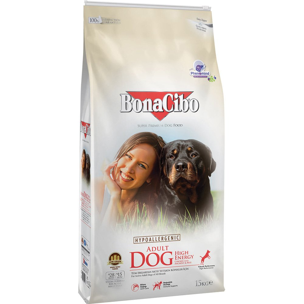 Сухий корм BonaCibo Adult Dog High Energy для дорослих активних собак всіх порід, курка/анчоуси/рис, 15 кг
