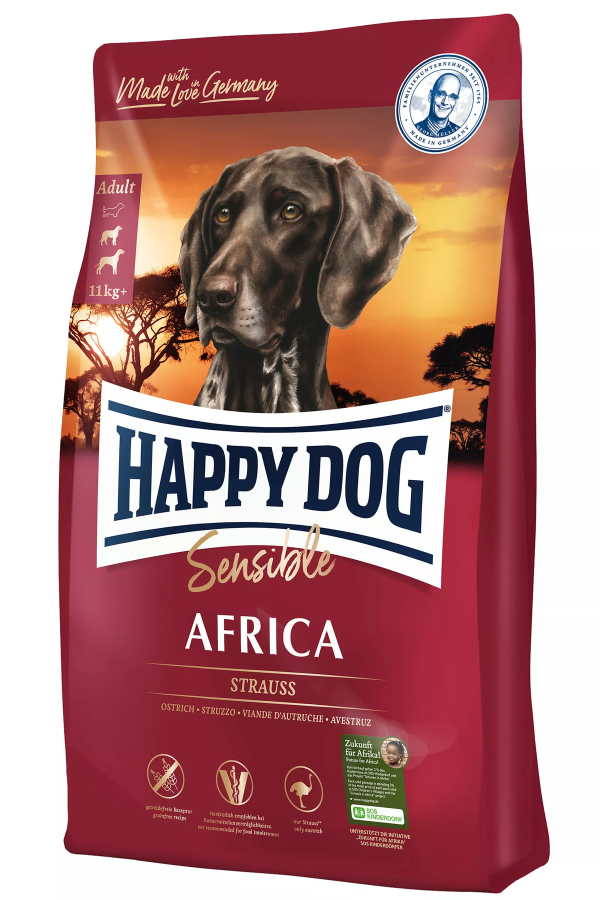 Happy Dog (Хеппі Дог) Supreme Sensible - Africa Сухий, беззерновий корм з м'ясом страуса для собак середніх та крупних порід, при харчовій непереносимості та алергії 1 кг